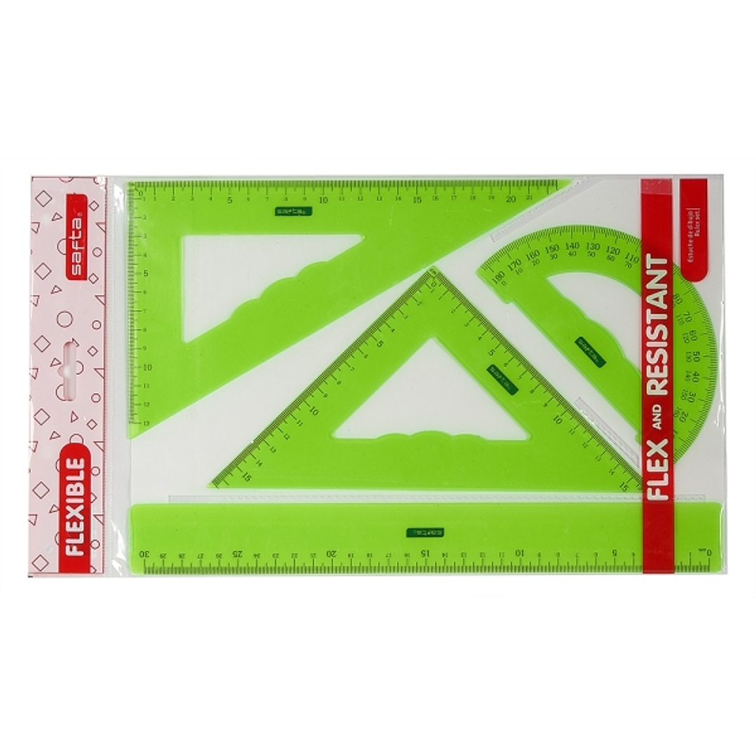 Safta Pack de 4 Reglas - Regla de 30cm - Escuadra de 25cm - Cartabon de 25cm - Semicirculo Transportador de Angulos - Colores Surtidos 1