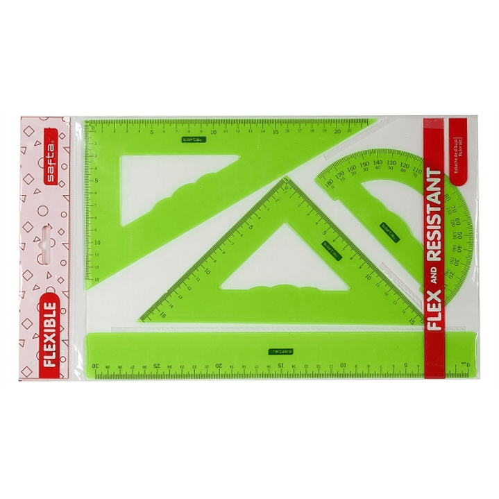 Safta Pack de 4 Reglas - Regla de 30cm - Escuadra de 25cm - Cartabon de 25cm - Semicirculo Transportador de Angulos - Colores Surtidos 1