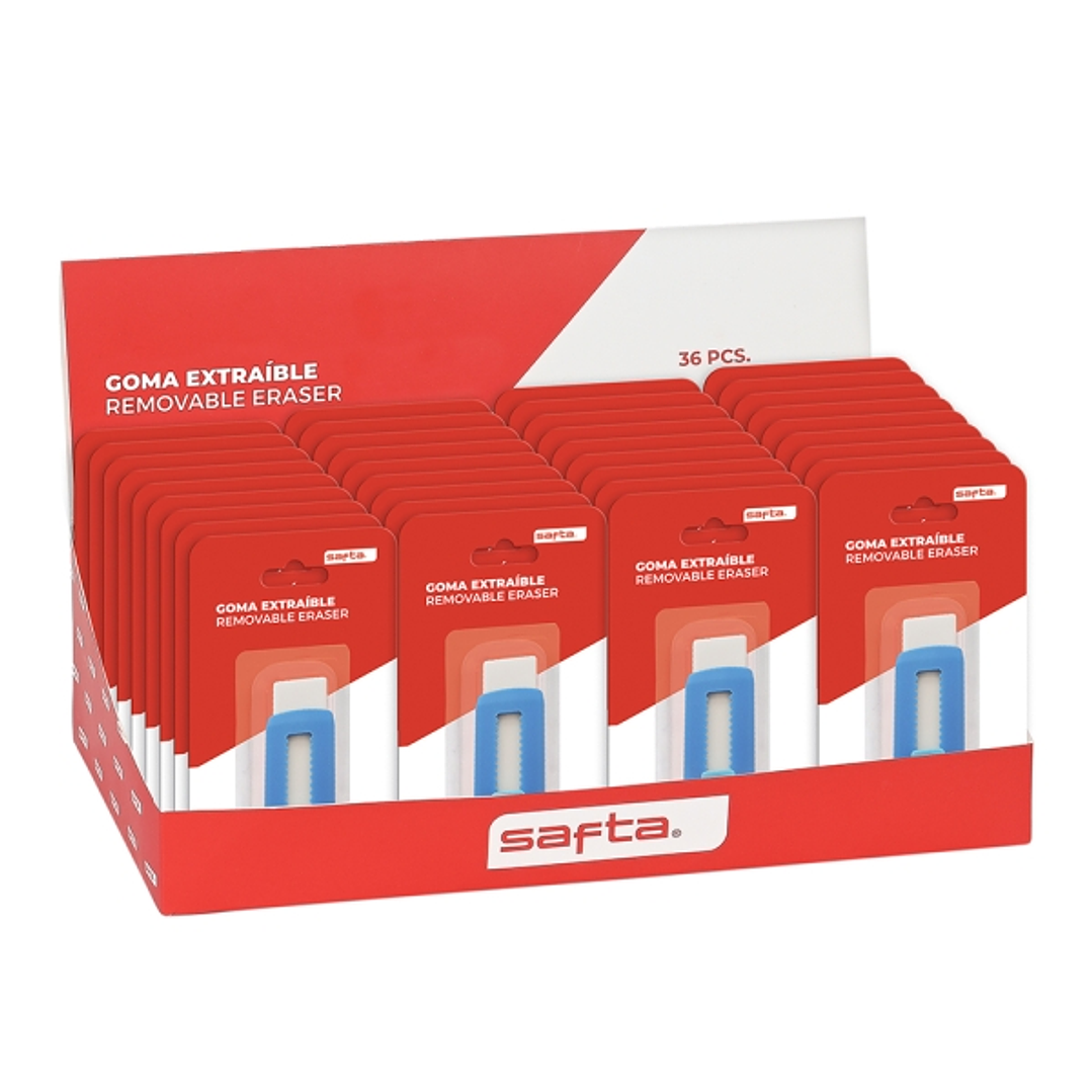 Safta Expositor con 36 Gomas Extraibles - Ergonomico - Estilo Cutter - Color Azul y Blanco 1