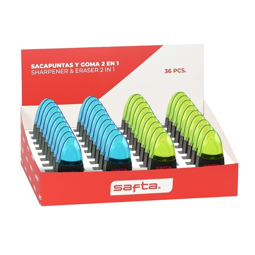 Safta Expositor con 36 Sacapuntas y Goma - Doble Funcion - Deposito para Virutas - Tapa Protectora de Plastico - Colores Surtidos 1