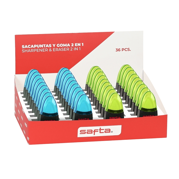Safta Expositor con 36 Sacapuntas y Goma - Doble Funcion - Deposito para Virutas - Tapa Protectora de Plastico - Colores Surtidos 1