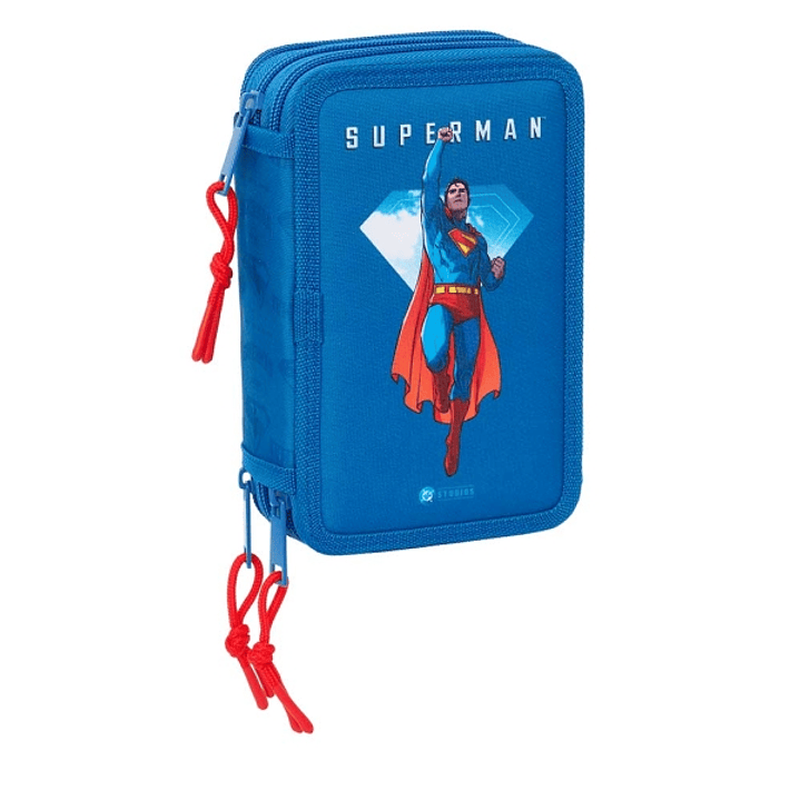 Safta Superman Plumier de 3 Pisos - 37 Piezas - 1.3L - Goma - Lapiz - Boligrafos - Sacapuntas - Reglas - 16 Colores - 14 Rotuladores - 125x55x195mm -  1