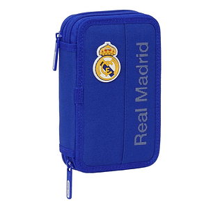 Safta Real Madrid Plumier de 2 Pisos - 29 Piezas - 1L - Goma - Lapiz - Boligrafos - Sacapuntas - 10 Colores - 14 Rotuladores - 125x40x195mm - Color Az