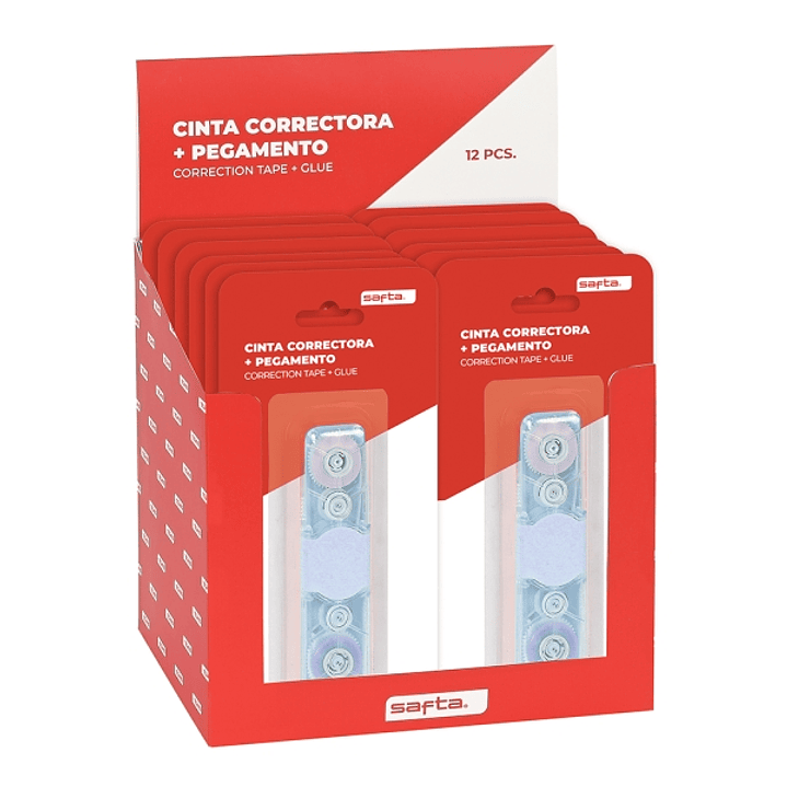 Safta Expositor con 12 Packs de Cinta Correctora y Pegamento - Doble Funcion - Colores Surtidos 1