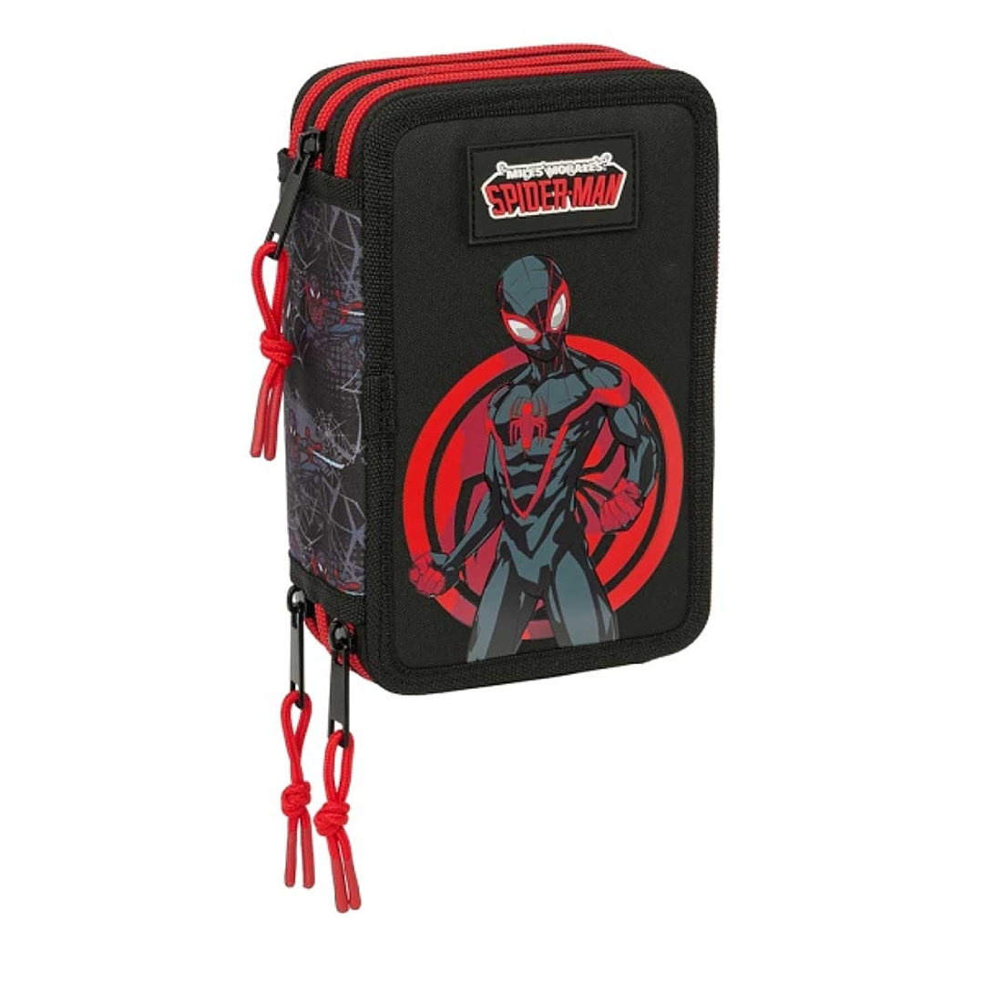 Safta Miles Morales Plumier de 3 Pisos - 37 Piezas - 1.3L - Goma - Lapiz - Boligrafos - Sacapuntas - Reglas - 16 Colores - 14 Rotuladores - Ideal para 1