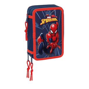 Safta Spider-Man Plumier de 3 Pisos - 37 Piezas - 1.3L - Goma - Lapiz - Boligrafos - Sacapuntas - Reglas - 16 Colores - 14 Rotuladores - 125x55x195mm 