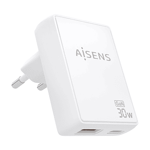 Aisens Cargador GaN Ultra Delgado 30W - 1xUSB-C PD3.0 QC4.0 - 1xUSB-A QC3.0 - Tecnologia AI - Color Blanco