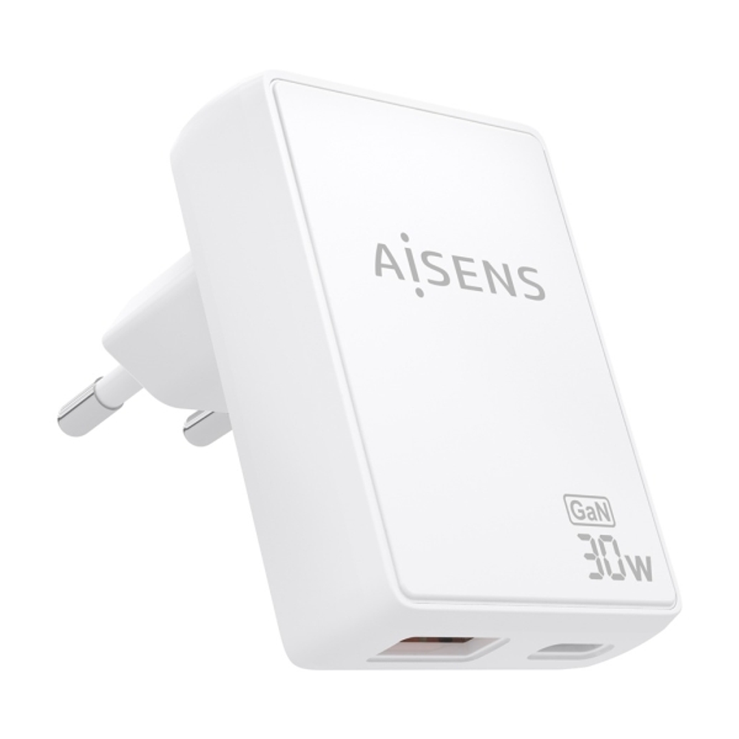 Aisens Cargador GaN Ultra Delgado 30W - 1xUSB-C PD3.0 QC4.0 - 1xUSB-A QC3.0 - Tecnologia AI - Color Blanco 1