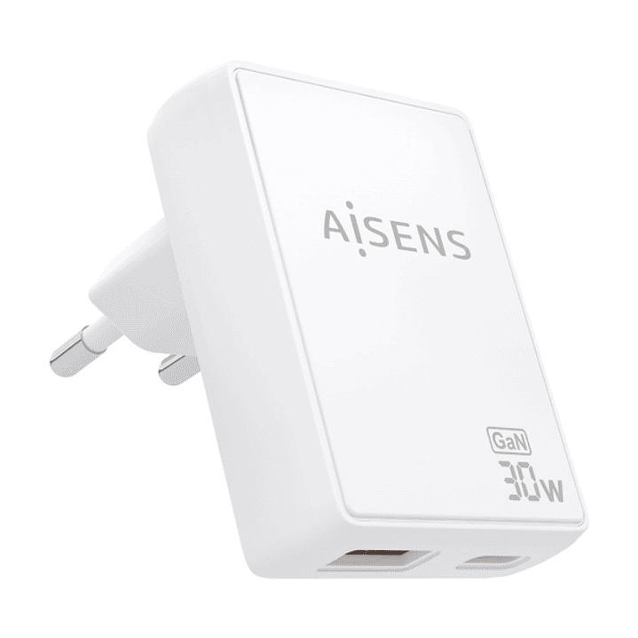 Aisens Cargador GaN Ultra Delgado 30W - 1xUSB-C PD3.0 QC4.0 - 1xUSB-A QC3.0 - Tecnologia AI - Color Blanco 1