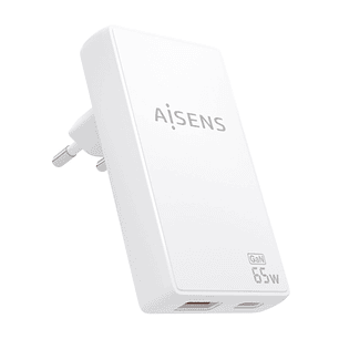 Aisens Cargador GaN Ultra Delgado 65W - 1xUSB-C PD3.0 QC4.0 - 1xUSB-A QC3.0 - Tecnologia AI - Color Blanco