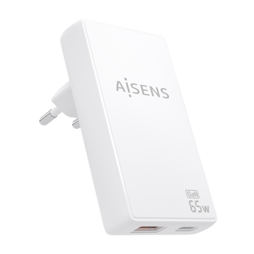 Aisens Cargador GaN Ultra Delgado 65W - 1xUSB-C PD3.0 QC4.0 - 1xUSB-A QC3.0 - Tecnologia AI - Color Blanco 1