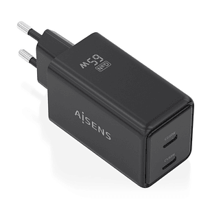 Aisens Cargador GaN 65W - 2xUSB-C PD3.0 QC4.0 - Tecnologia AI - Color Negro