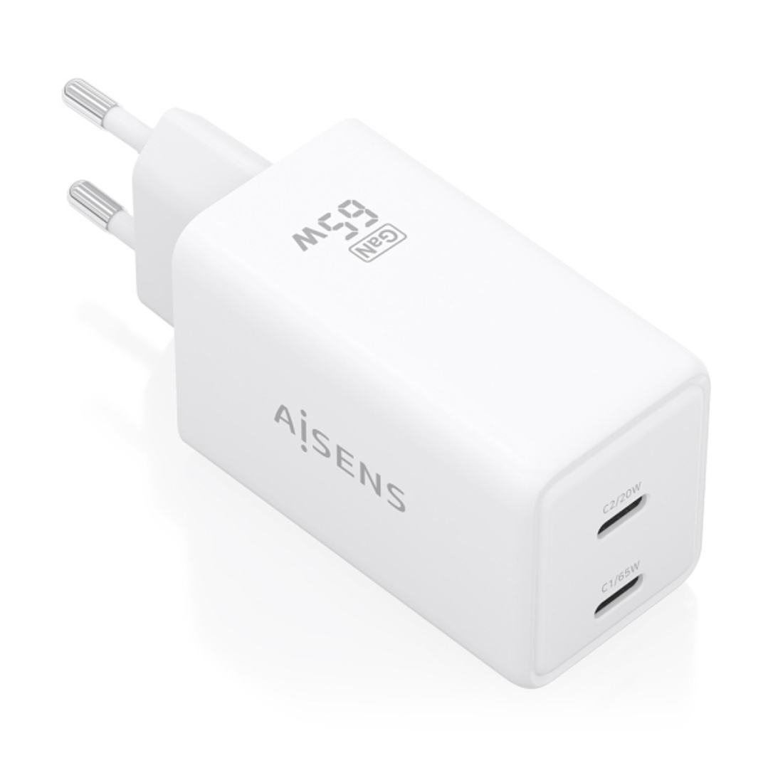 Aisens Cargador GaN 65W - 2xUSB-C PD3.0 QC4.0 - Tecnologia AI - Color Blanco 1