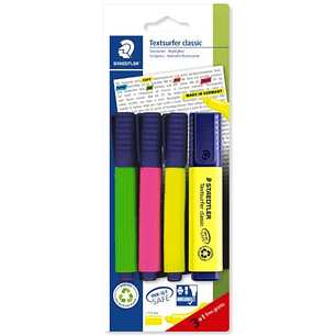 Staedtler Textsurfer Classic 364 Pack de 4 Marcadores Fluorescentes - Secado Rapido - Trazo 1 - 5mm Aprox - Colores Surtidos