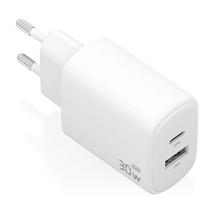 Aisens Cargador GaN 30W - 1xUSB-C PD3.0 QC4.0 - 1xUSB-A QC3.0 - Tecnologia AI - Color Blanco