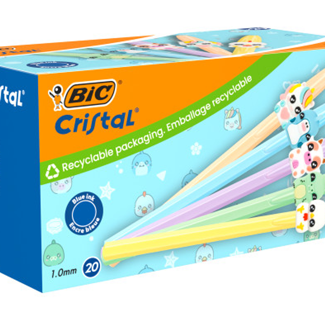 Bic Cristal Pastel Figurines Pack con 20 Boligrafos de Bola - Cuerpo Opaco en Colores Pastel con Figuras de Animales - Punta Redonda de 1mm - Trazo 0. 1
