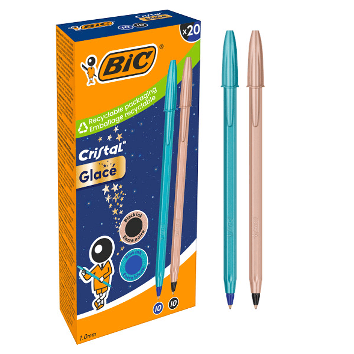 Bic Cristal Glace Pack con 20 Boligrafos de Bola - Cuerpo Opaco en Color Azul Metalizado Mate y Cobre Mate - Punta Redonda de 1mm - Trazo 0.4mm - Tint 1