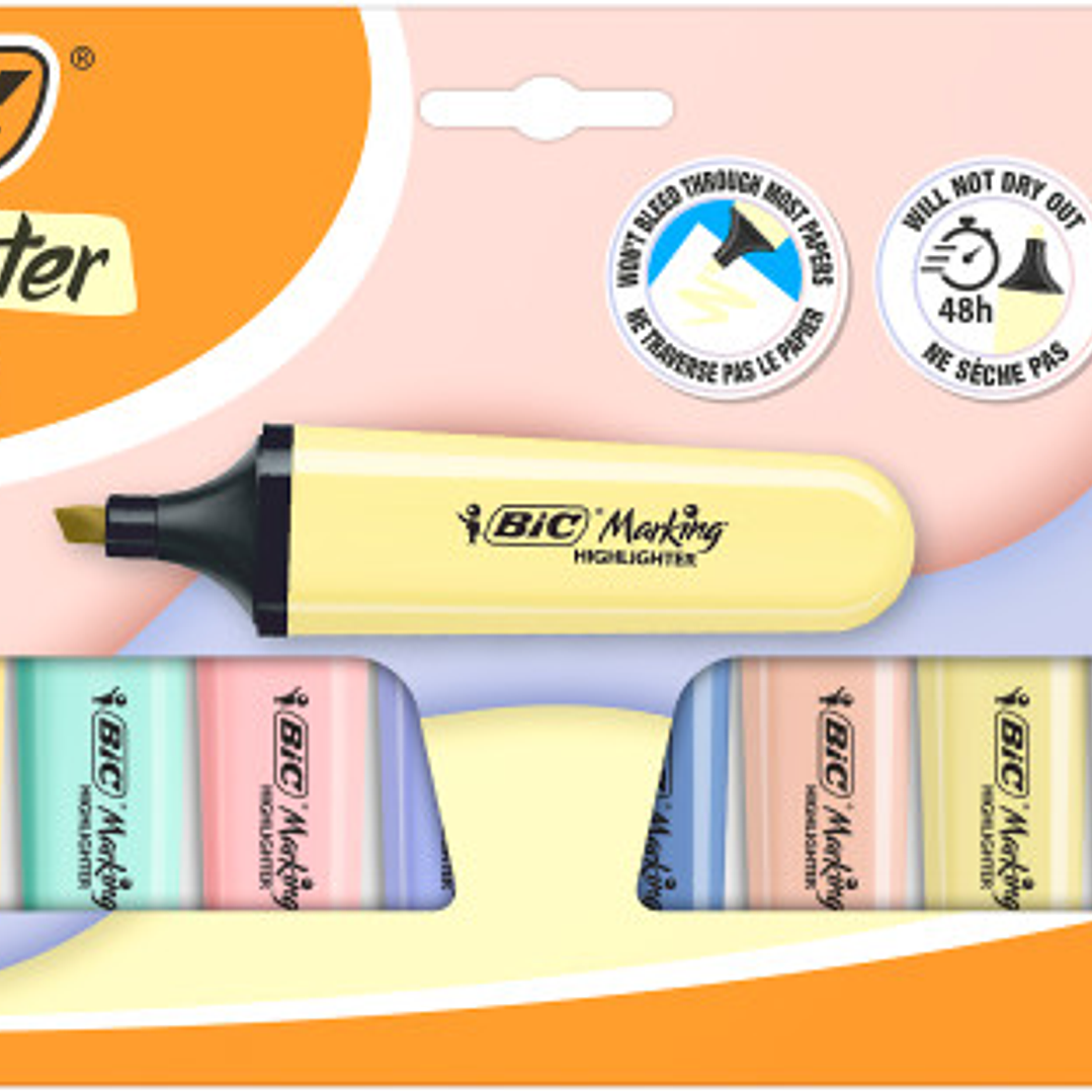 Bic Marking Highlighter Flat Pastel Pack de 10 Marcadores Fluorescentes - Punta Biselada - Trazo entre 1.20 y 4.60 mm - Tinta con Base de Agua - 4 Col 1