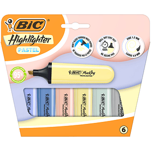 Bic Marking Highlighter Flat Pastel Mineral Pack de 6 Marcadores Fluorescentes - Punta Biselada - Trazo entre 1.20 y 4.60 mm - Tinta con Base de Agua 