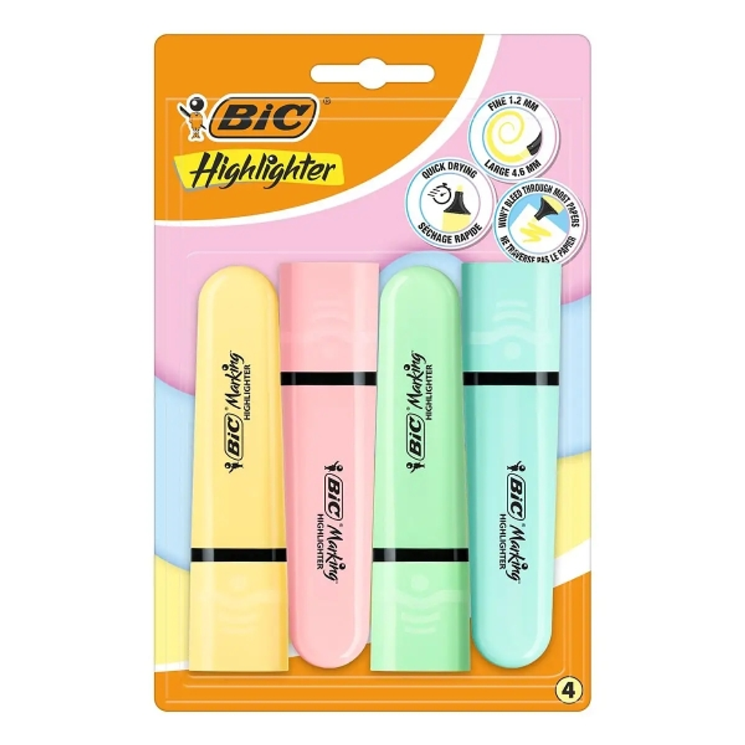 Bic Marking Highlighter Flat Pastel Pack de 4 Marcadores Fluorescentes - Punta Biselada - Trazo entre 1.20 y 4.60 mm - Tinta con Base de Agua - Colore 1