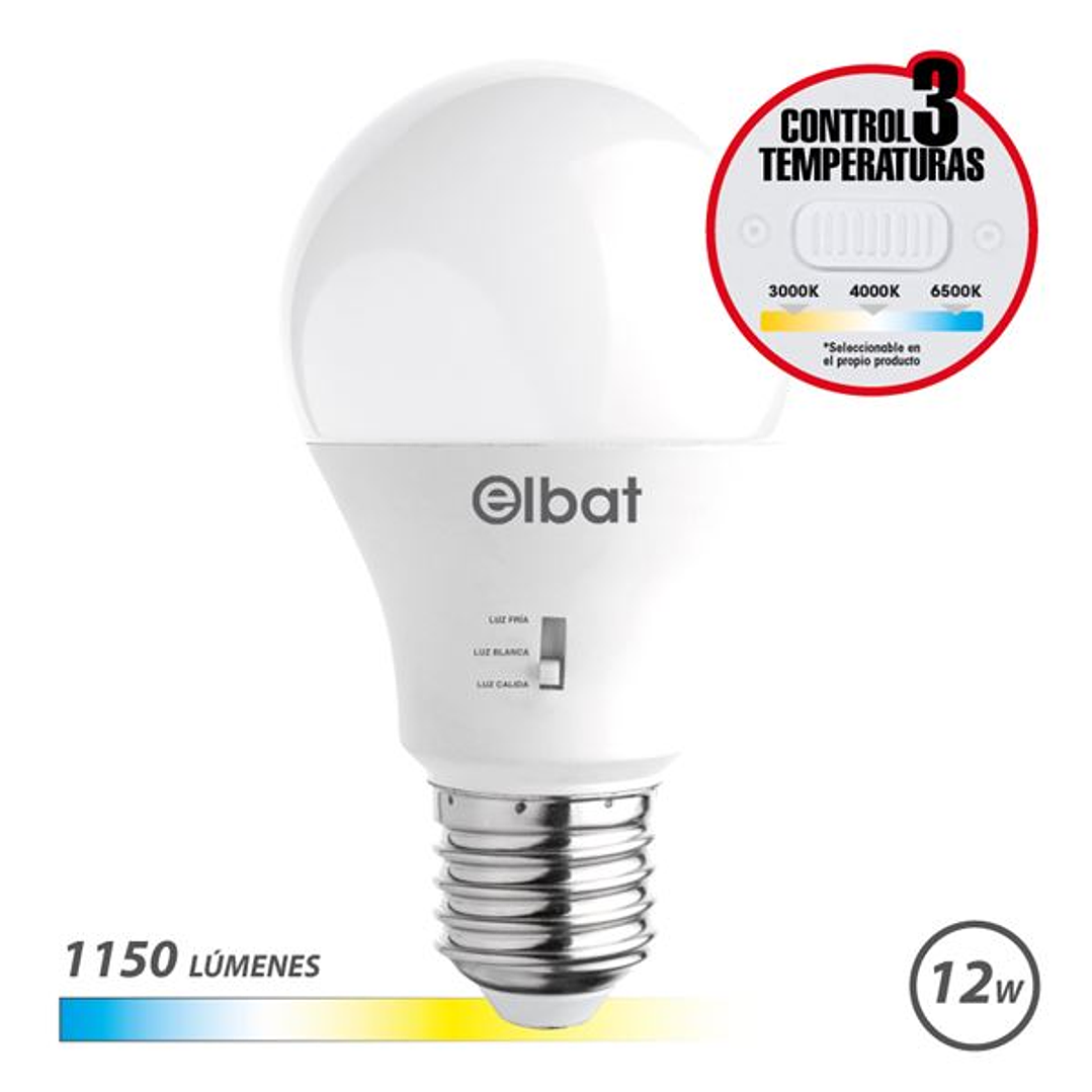 Elbat Bombilla LED A60 - 12W - 1150Lm - E27 - Selector de Luz - Calida 3000K, Blanca 4000K y Fria 6500K 1