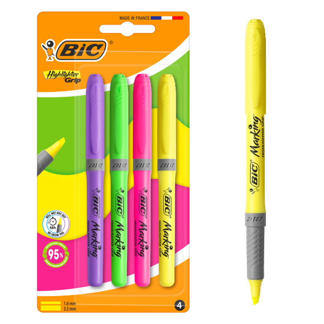 Bic Highlighter Grip Pack con 4 Marcadores Fluorescentes - Punta Biselada - Trazo entre 1.60 y 3.30 mm - Grip Texturizado - Colores Surtidos 1