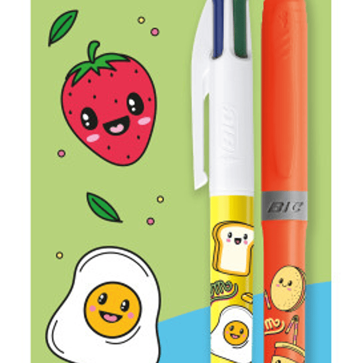 Bic 4 Colours Decors Kawaii Pack con 1 Boligrafo de Bola Retractil + 1 Marcador Highlighter Grip Fluor de Color Aleatorio - Punta Media de 1.0mm - Tin 1