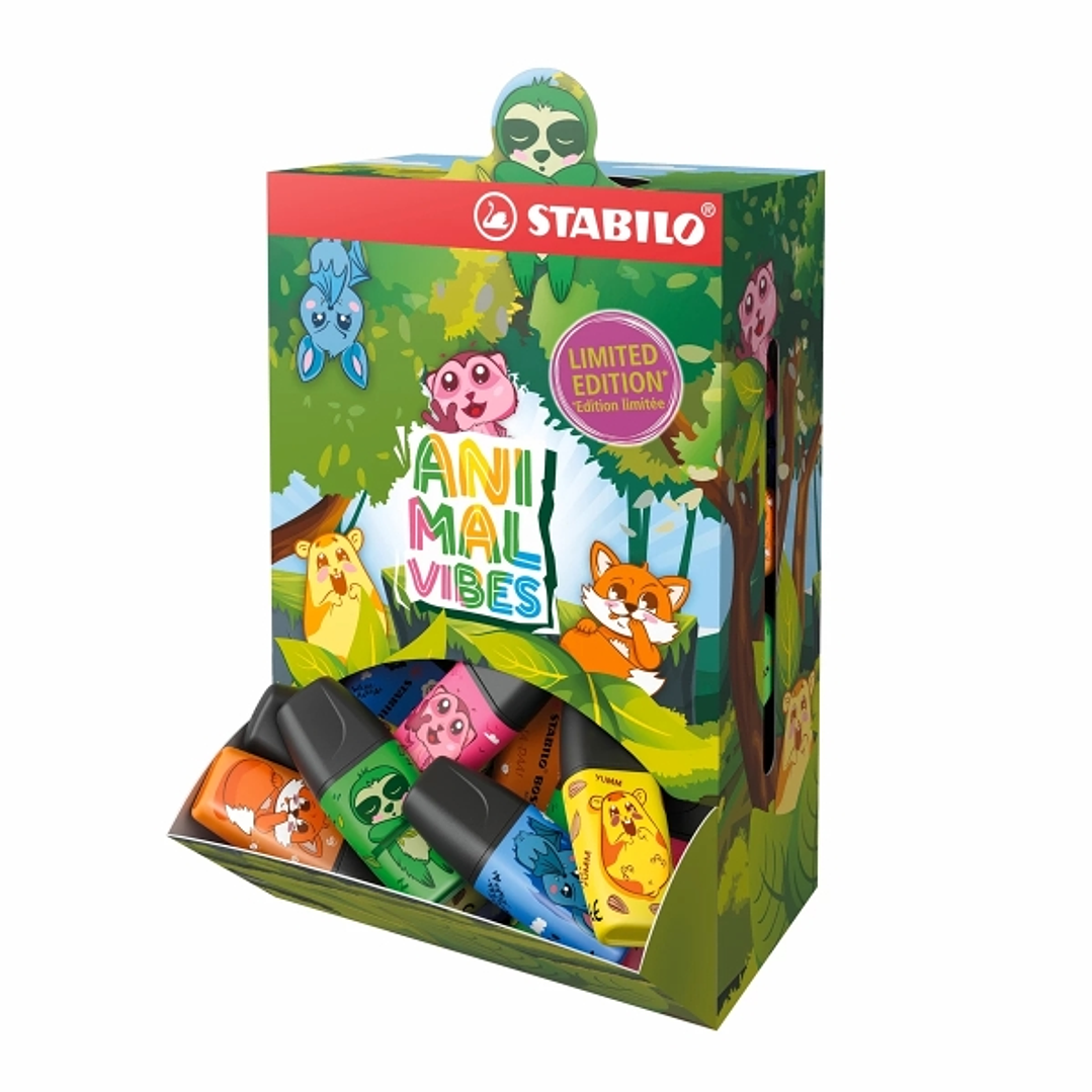 Stabilo Boss Mini Animal Vibes Expositor con 50 Mini Marcadores Fluorescentes - Trazo entre 2 y 5mm - Tinta con Base de Agua - Antisecado - Colores Su 1