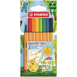 Stabilo Point 88 Mini Animal Vibes Pack con 8 Rotuladores de Punta Fina de Fibra - Incluye 5 Pegatinas Personalizables - Trazo de 0.4 mm - Tinta con B
