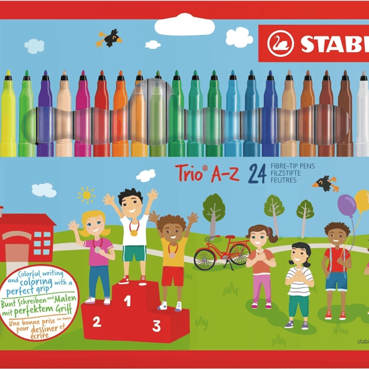 Stabilo Trio A-Z Pack con 24 Rotuladores de Punta Fina de Fibra - Trazo 0.7mm - Tinta Lavable - Zona de Agarre Triangular - Colores Surtidos 1