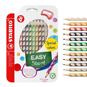 Stabilo Easycolors Special Colors Pack con 12 Lapices de Colores Ergonomicos + Sacapuntas - Mina de 4.2mm - Forma Triangular - Uso Diestro - Colores S
