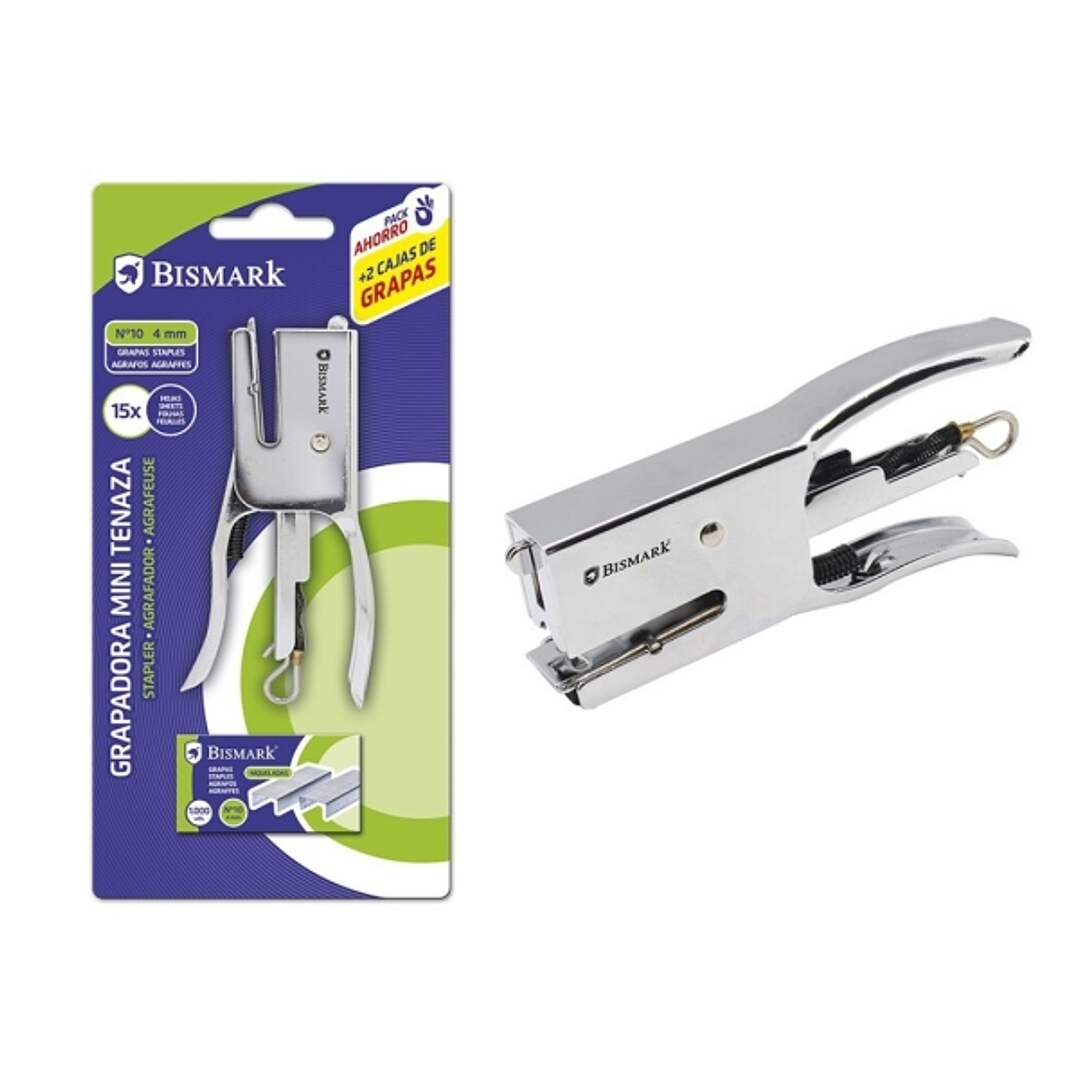 Bismark Grapadora Mini Tenaza Cromada + 2000 Grapas - Capacidad de Grapado 15 Hojas - Diseño Ergonomico - Alta Durabilidad - Color Plata 1