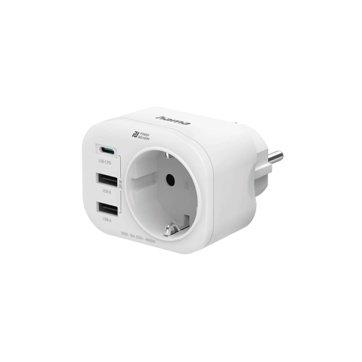 Hama Regleta de Pared con 4 Tomas - 1x Schuko - 2x USB-A - 1x USB-C - Potencia USB de 20W - Color Blanco 1