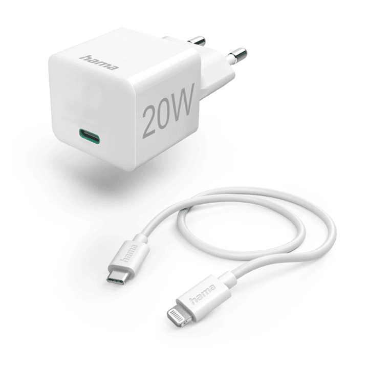 Hama Cargador de Pared - Potencia 20W - USB-C Hembra - Cable de 1m USB-C Macho a Lightning Macho - Power Delivery - Color Blanco 1