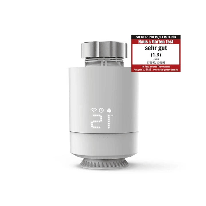 Hama Termostato de Radiador Inteligente - Temperatura Regulable - WLAN - Compatible con Asistente de Voz - Control con App - 6x6x9.5cm - Color Blanco 1