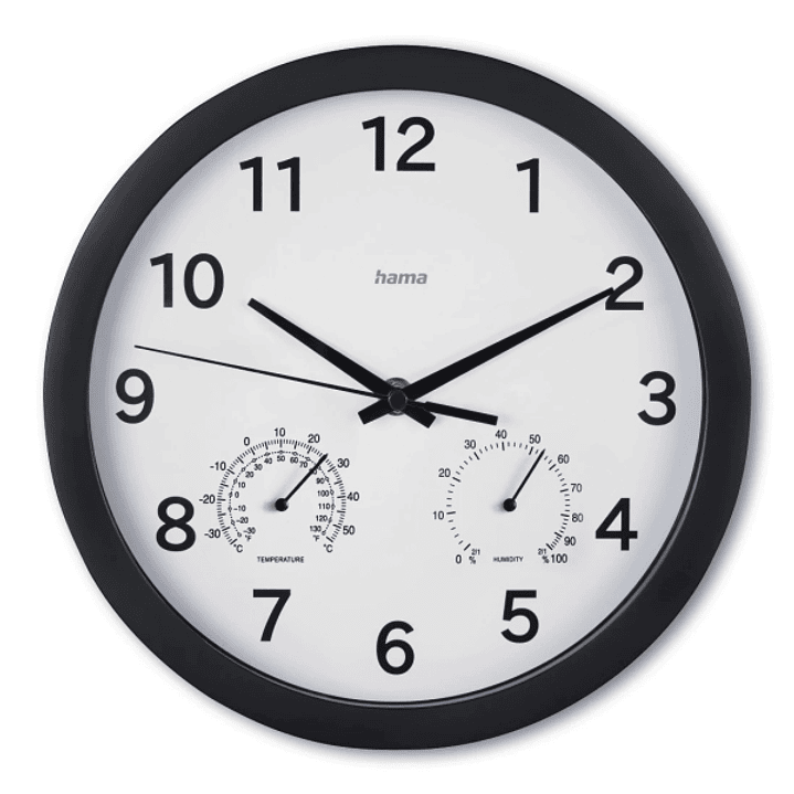 Hama Malta Reloj de Pared Analogico - Termometro - Higrometro - Silencioso - Funciona con 1 Pila AA - 25x4cm - Color Negro 1