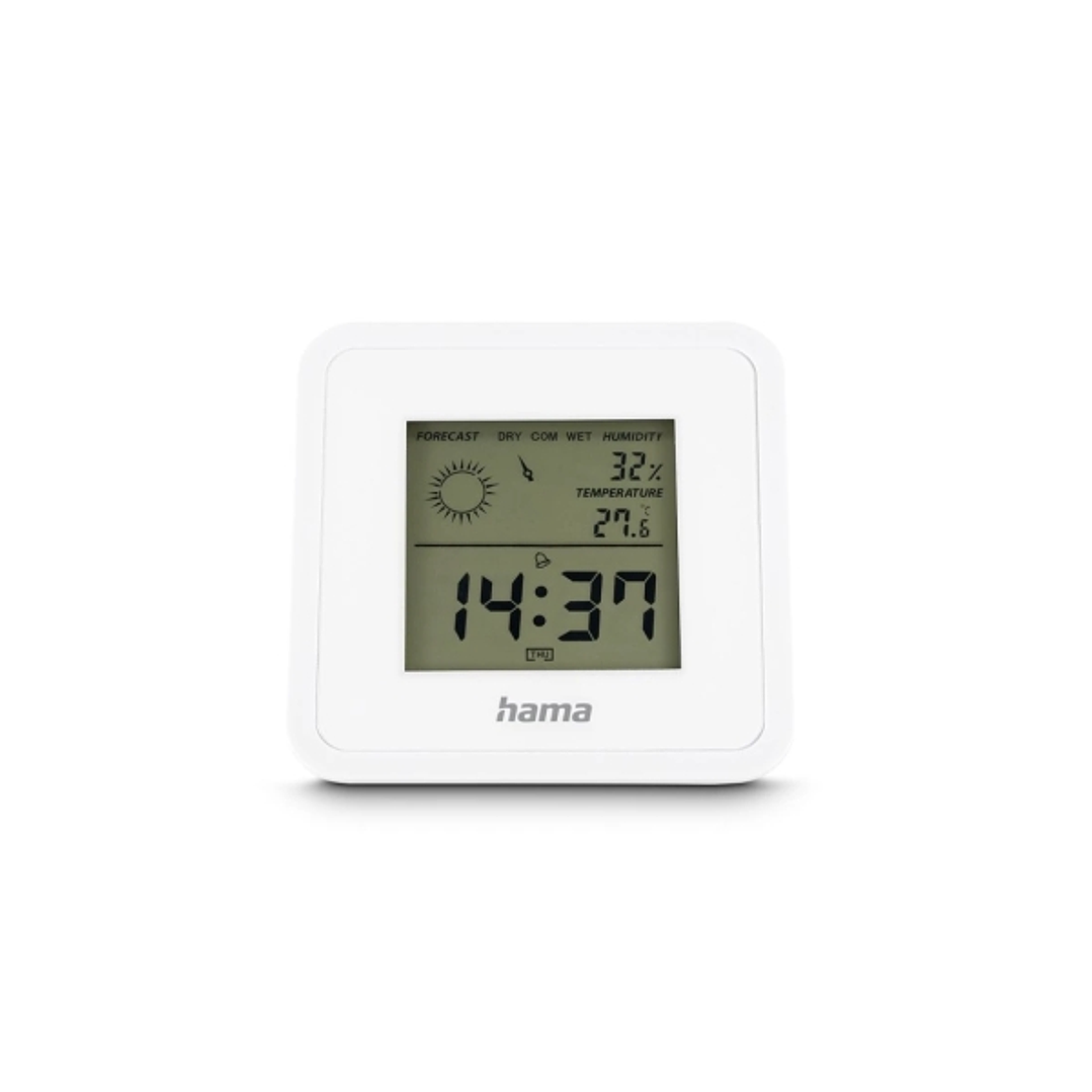 Hama Borneo Medidor de Temperatura y Humedad para Interior - Pantalla Digital - Reloj - Indicador de Confort - 8x1.2x8cm - Color Blanco 1