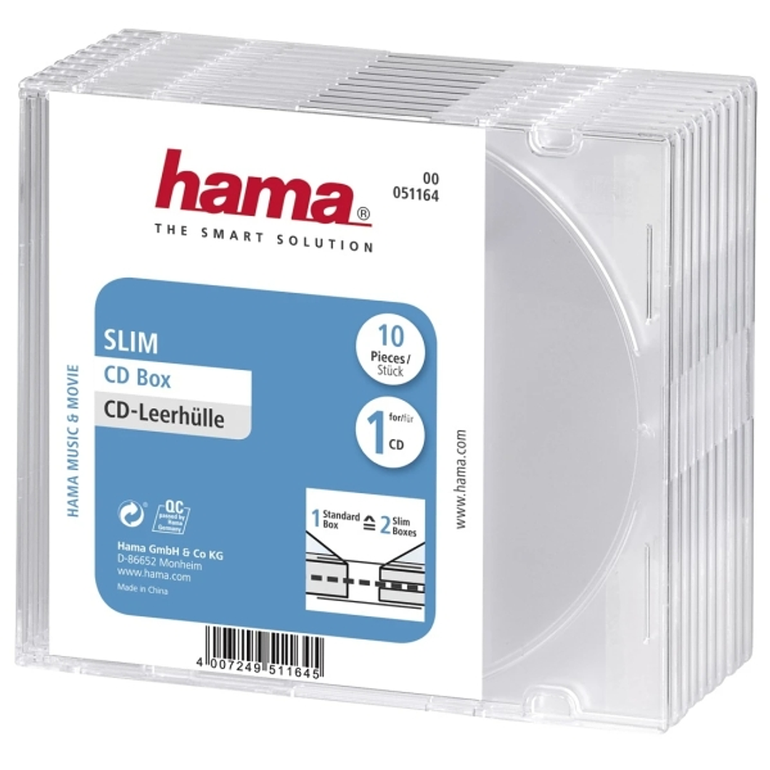 Hama Slim Pack de 10 Cajas Vacias para CD/DVD - Poliestireno - 12.5x14.2x0.52cm - Color Transparente 1