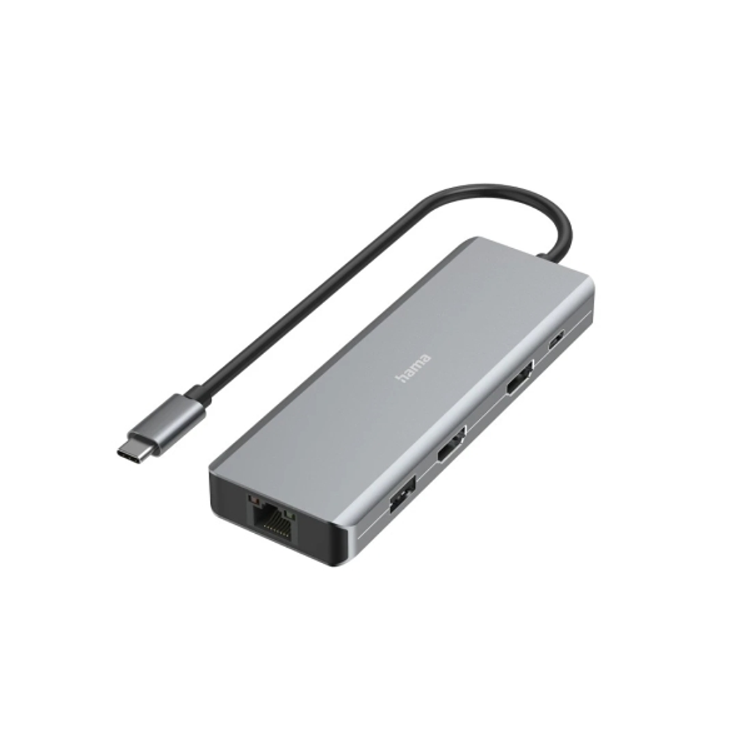 Hama Essential Hub USB 3.2 - Potencia Maxima 100W - Cable USB-C Integrado de 15cm - LAN Ethernet 1Gbps - 2x HDMI 4K - 2x USB-C - 2x USB-A - Power Deli 1