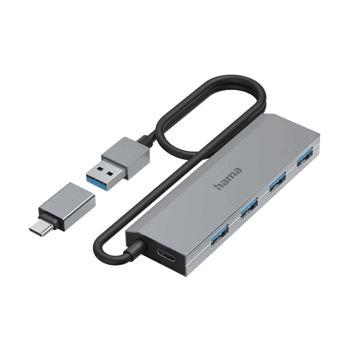 Hama Essential Hub USB 3.2 - Cable USB-A Integrado de 1m - Adapatador USB-C - 4x USB-A - Color Gris 1
