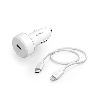 Hama Cargador de Coche 20W - Cable Lightning de 1m - Pantalla LED - Power Delivery - Color Blanco