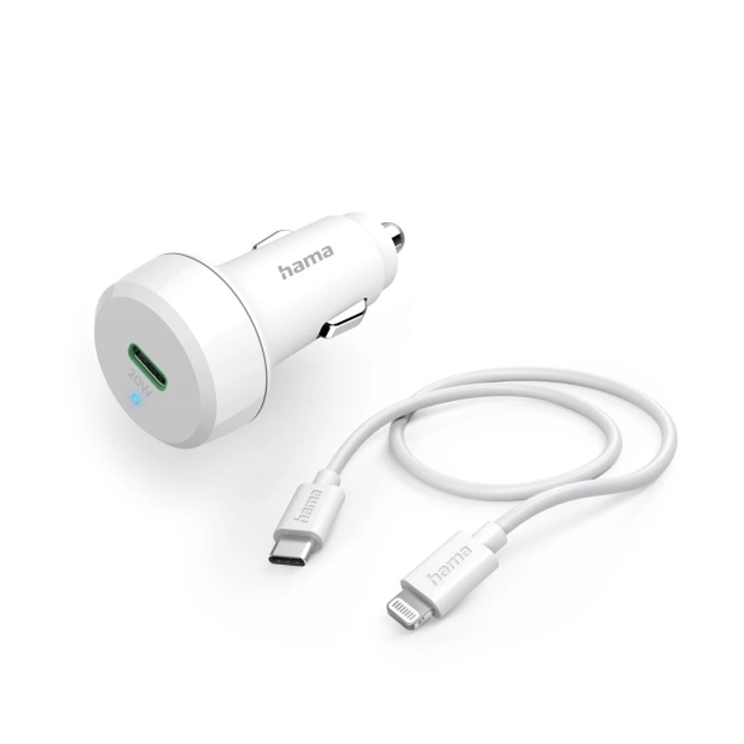 Hama Cargador de Coche 20W - Cable Lightning de 1m - Pantalla LED - Power Delivery - Color Blanco 1