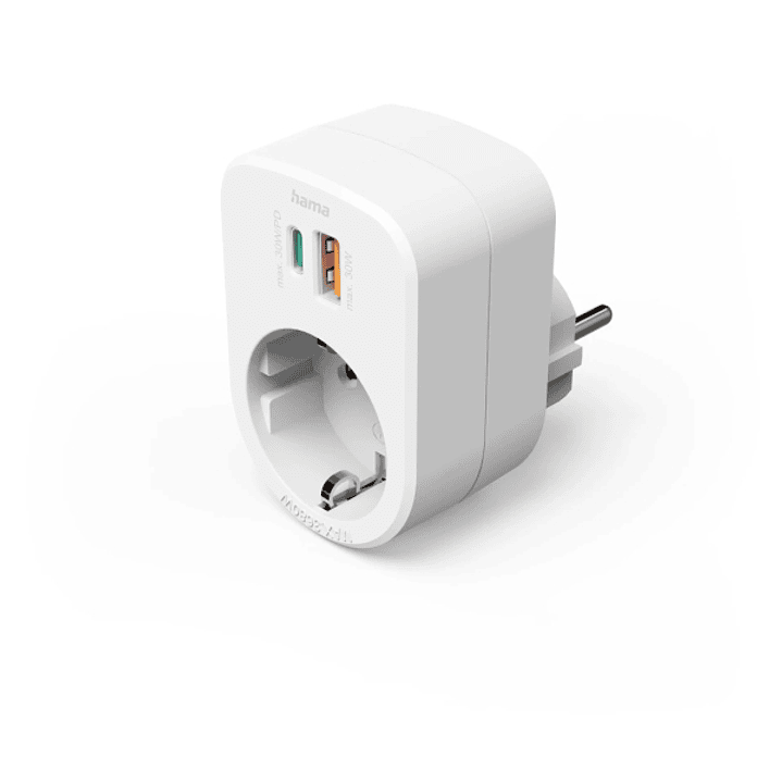 Hama Regleta Alimentacion con 3 Tomas - Potencia Maxima 3680W - 1x Schuko - 1x USB-C - 1x USB-A - Power Delivery - Color Blanco 1
