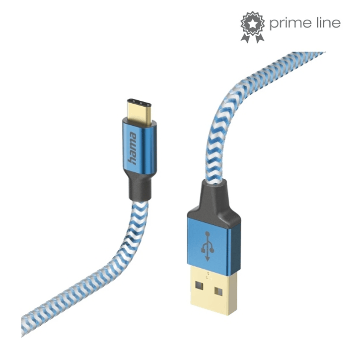 Hama Reflective Cable USB - Longitud 1.5m - USB-A Macho - USB-C Macho - Nailon - Velocidad hasta 480Mbps - Chapado en Oro - Color Azul 1