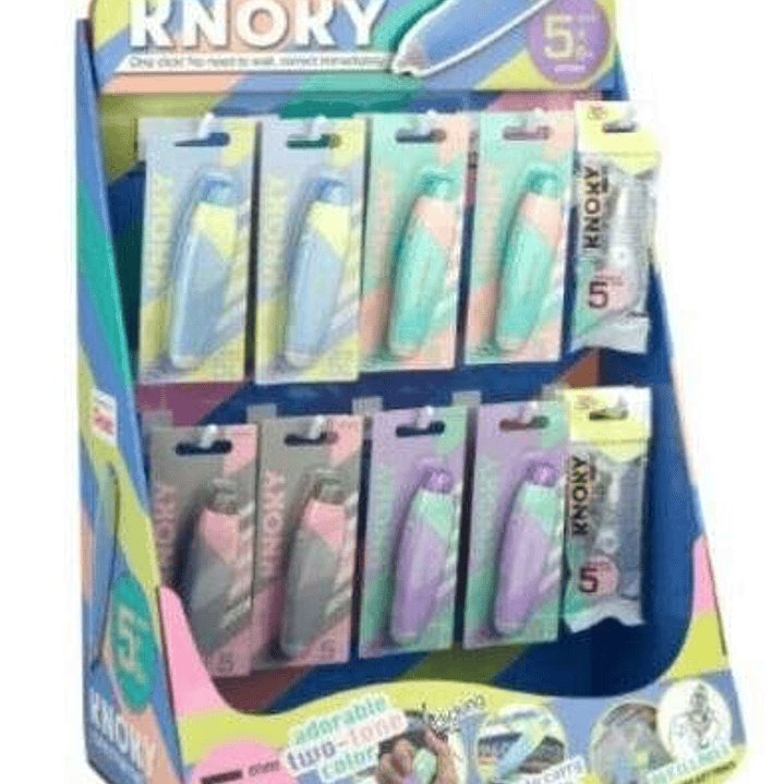 Pentel Knoky Expositor de 48 Cintas Correctoras 5mm x 6m + 12 Recambios - Mecanismo de Presion - Forma Ergonomica - Recargable - Colores Surtidos 1