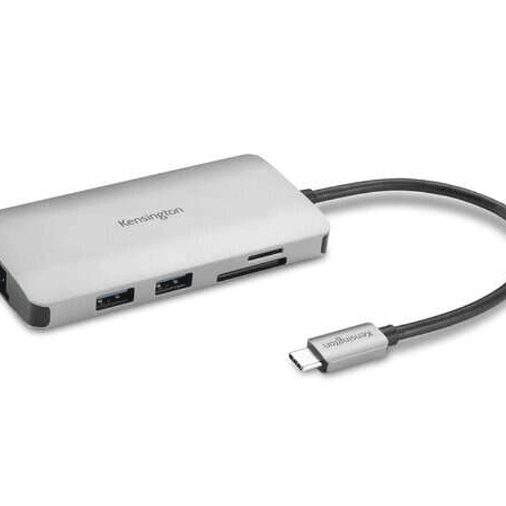 Kensington Hub 8 en 1 Conexion USB-C - Puertos: 3x USB 3.2, 1x USB-C PD hasta 85W, 1x HDMI 2.0, Lector SD y MicroSD - Color Plata 1