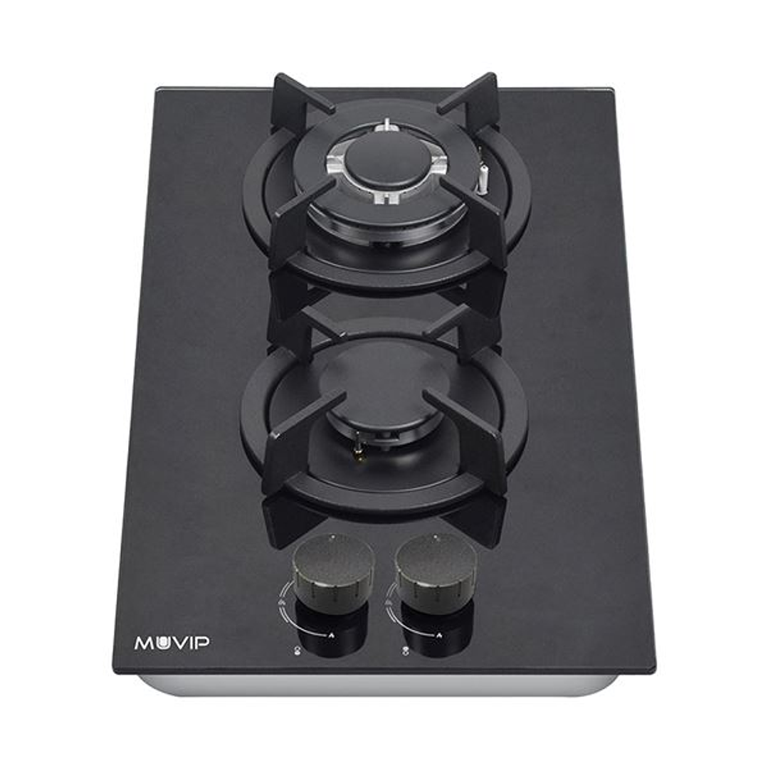 Muvip MV0627 Cocina de Gas Encastrable - 2 Zonas de Coccion de 26cm - Quemador y Soportes de Hierro Fundido - Cristal Templado de Alta Resistencia - S 1