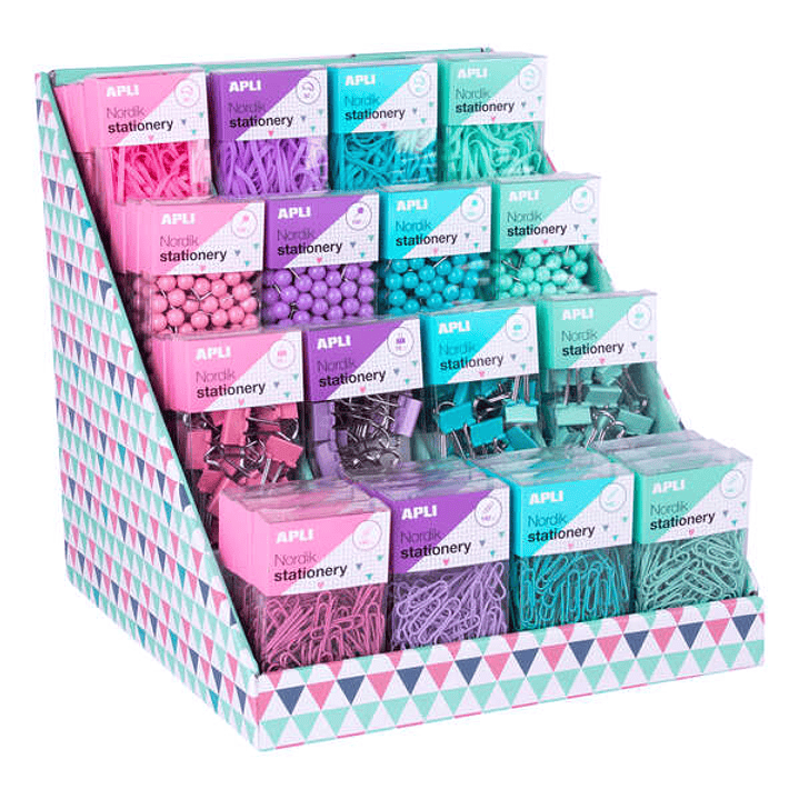 Apli Nordik Collection Expositor de Productos Basicos - Colores Pastel Surtidos - 12 Cajas de Gomas Elasticas, Pins, Clips y Pinzas - Eurohole para Co 1
