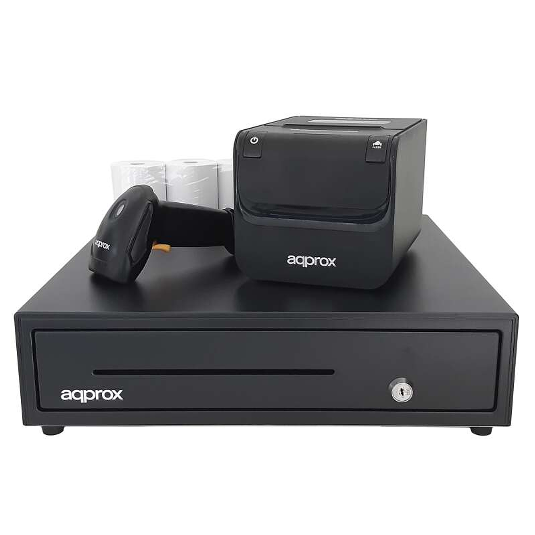 Approx Pack TPV Cajon Portamonedas + Impresora Termica + Lector de Codigos + Rollos - Color Negro 1