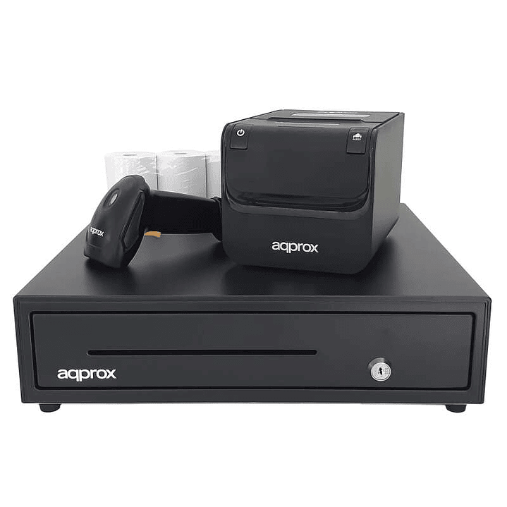 Approx Pack TPV Cajon Portamonedas + Impresora Termica + Lector de Codigos + Rollos - Color Negro 1
